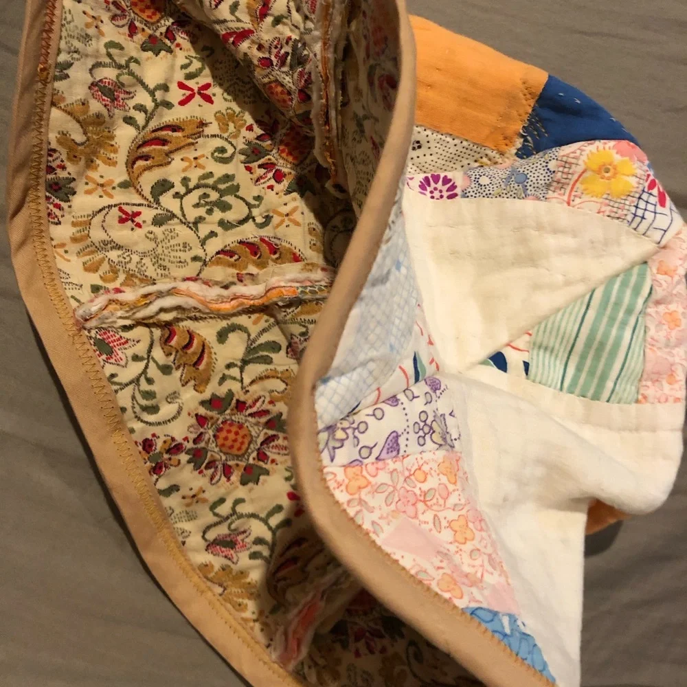 Handmade Patchwork Quilted Bucket Hat in White, Blue & Yellow
